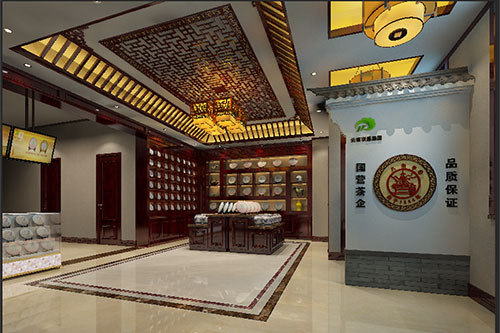 夏河古朴典雅的中式茶叶店大堂设计效果图